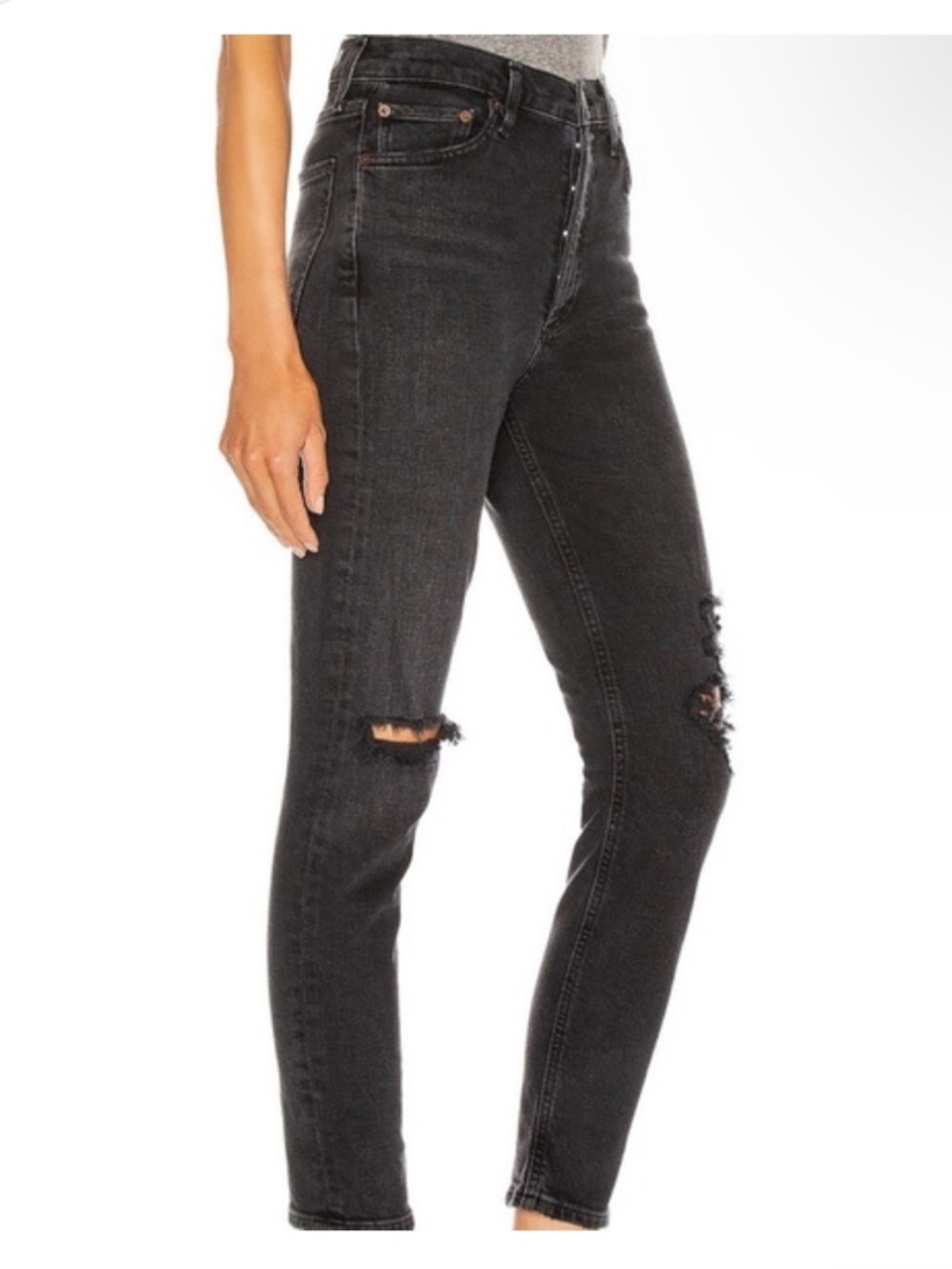 AGOLDE Nico High Rise Slim Jeans Black Distressed Button Fly Denim 24 - Picture 2 of 6